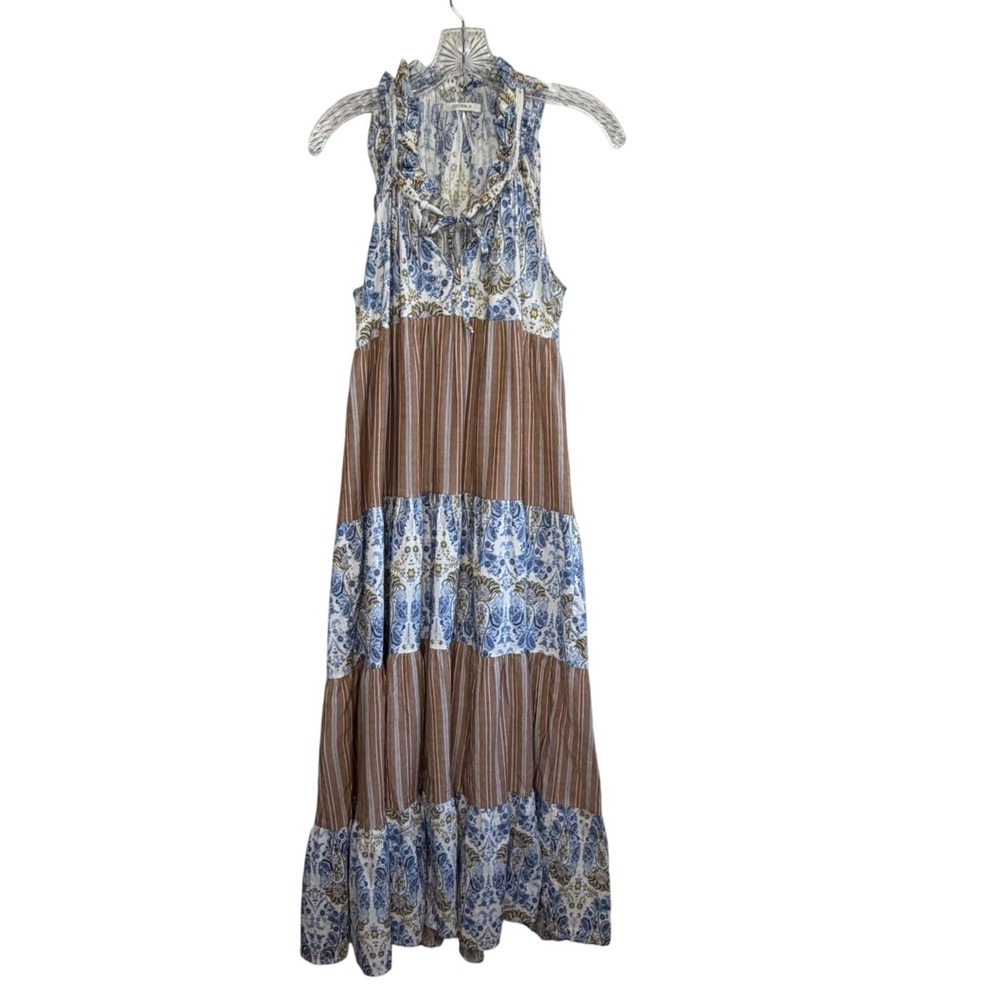 Stitchdrop Cotton‎ Tiered Maxi Dress Blue Brown Paisley Boho Cottagecore Size S